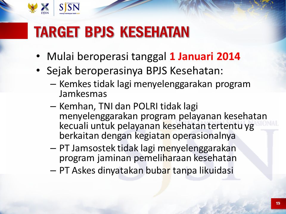 Target bpjs kesehatan Mulai beroperasi tanggal 1 Januari 2014