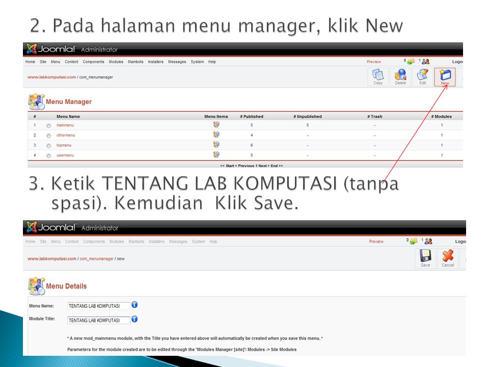 2. Pada halaman menu manager, klik New
