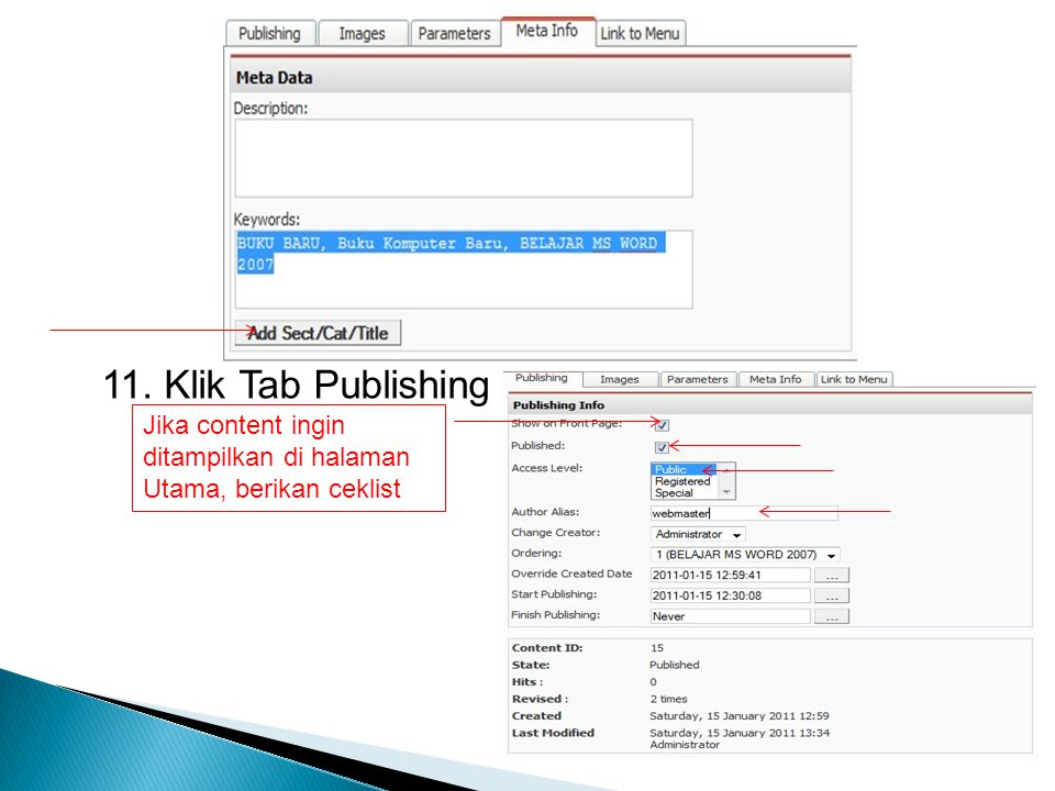 11. Klik Tab Publishing Jika content ingin ditampilkan di halaman Utama, berikan ceklist