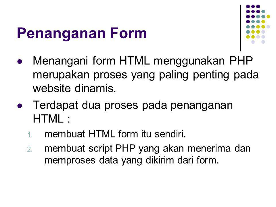 Penanganan Form Menangani form HTML menggunakan PHP merupakan proses yang paling penting pada website dinamis.