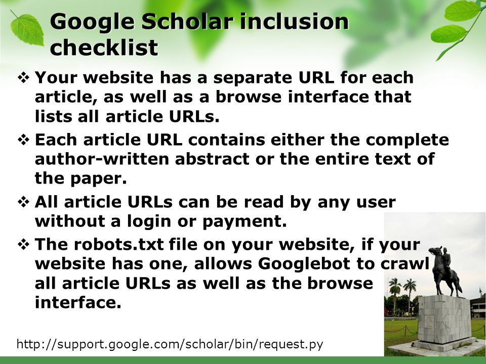 Google Scholar inclusion checklist