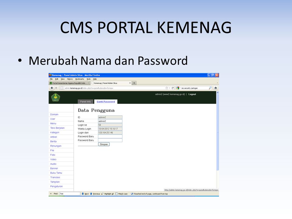 CMS PORTAL KEMENAG Merubah Nama dan Password
