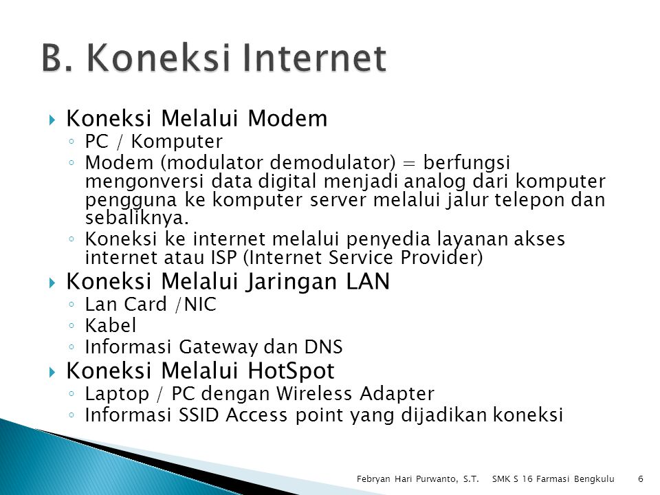B. Koneksi Internet Koneksi Melalui Modem Koneksi Melalui Jaringan LAN