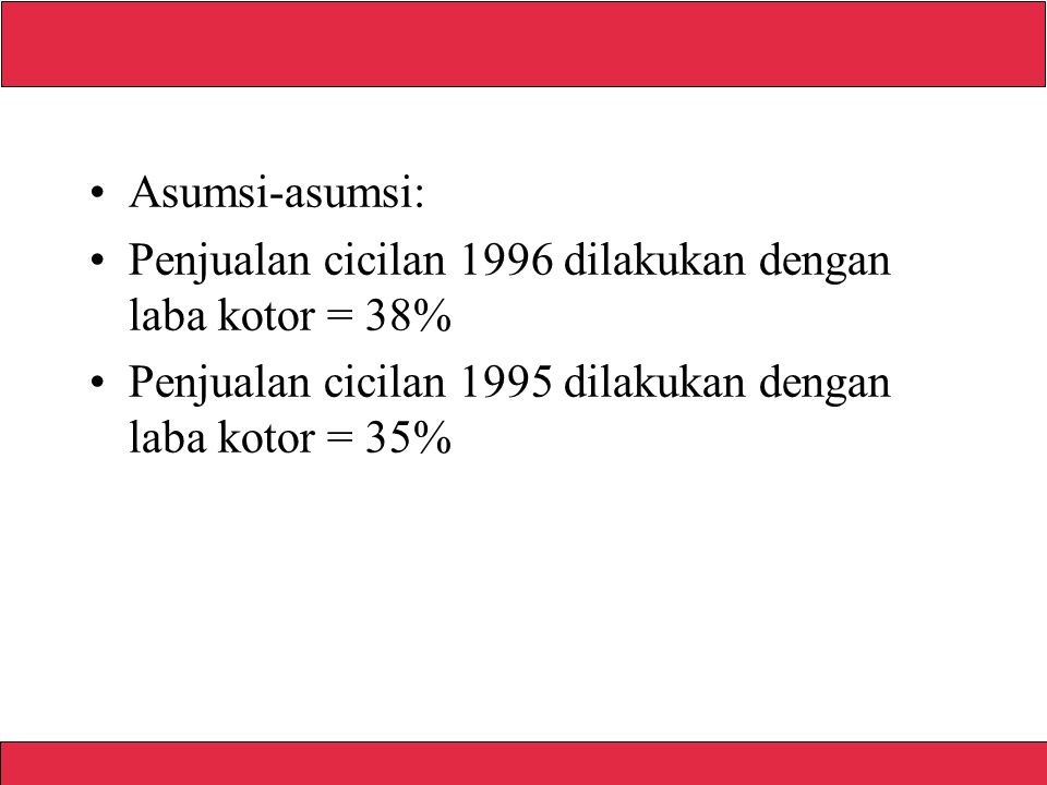 Asumsi-asumsi: Penjualan cicilan 1996 dilakukan dengan laba kotor = 38% Penjualan cicilan 1995 dilakukan dengan laba kotor = 35%