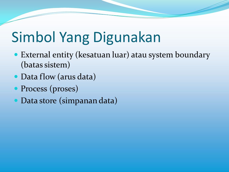 Simbol Yang Digunakan External entity (kesatuan luar) atau system boundary (batas sistem) Data flow (arus data)