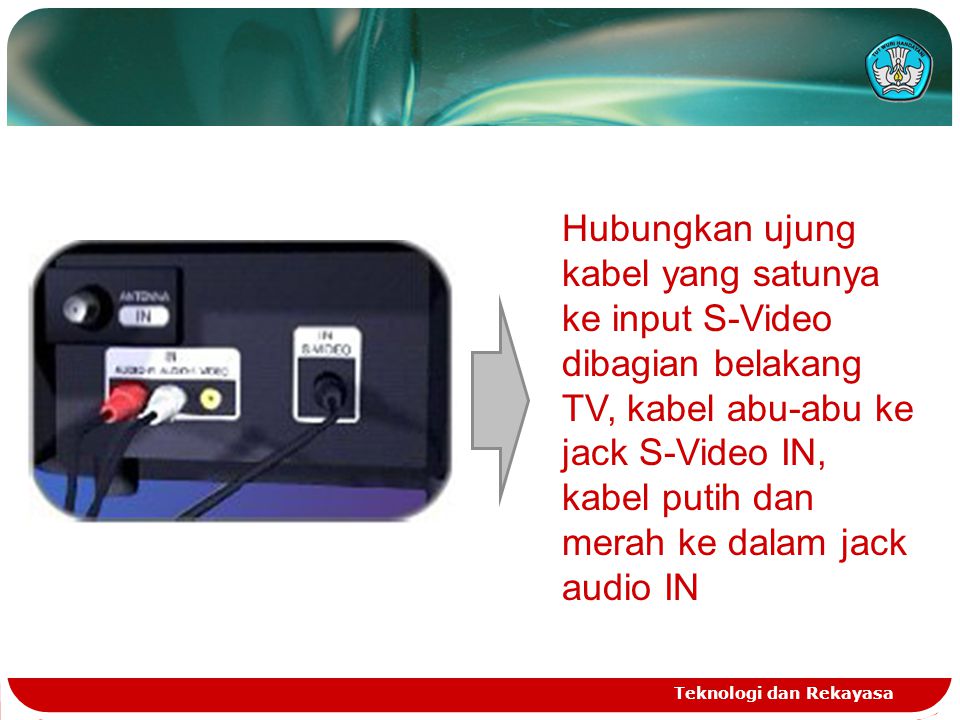 Hubungkan ujung kabel yang satunya ke input S-Video dibagian belakang TV, kabel abu-abu ke jack S-Video IN, kabel putih dan merah ke dalam jack audio IN