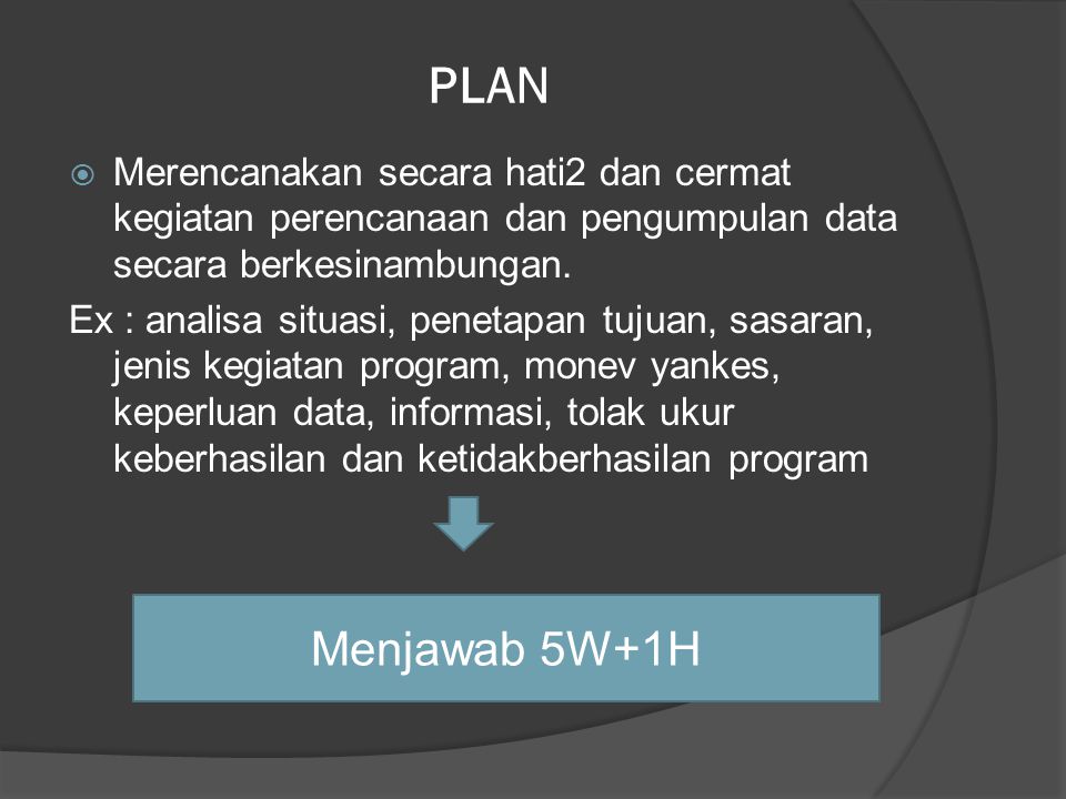 PLAN Merencanakan secara hati2 dan cermat kegiatan perencanaan dan pengumpulan data secara berkesinambungan.