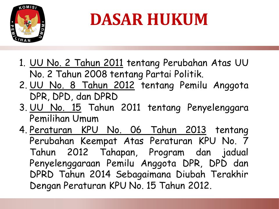 DASAR HUKUM UU No. 2 Tahun 2011 tentang Perubahan Atas UU No. 2 Tahun 2008 tentang Partai Politik.