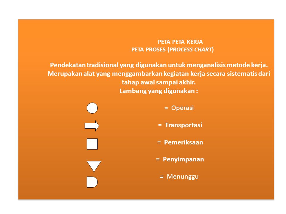 PETA PETA KERJA PETA PROSES (PROCESS CHART) Pendekatan tradisional yang digunakan untuk menganalisis metode kerja.