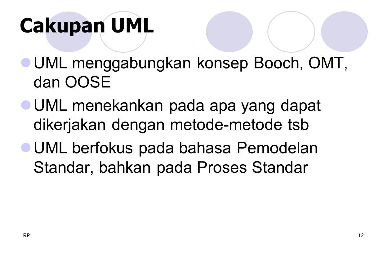 Cakupan UML UML menggabungkan konsep Booch, OMT, dan OOSE