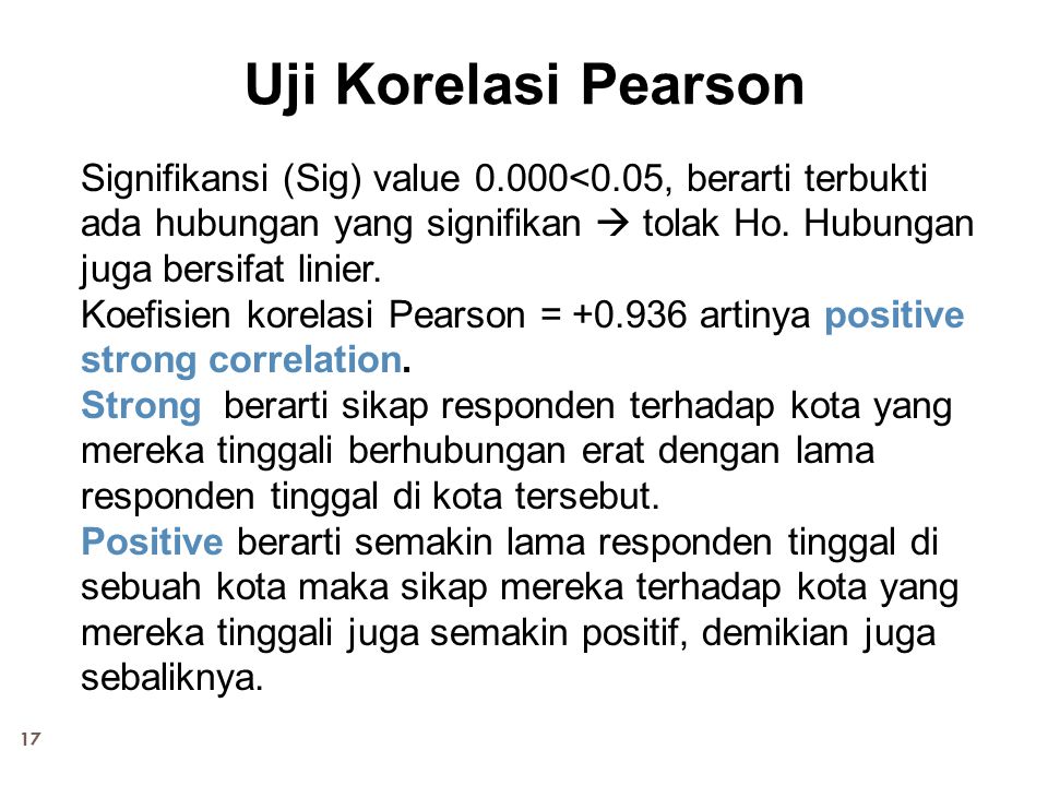 Uji Korelasi Pearson Signifikansi (Sig) value 0.000<0.05, berarti terbukti ada hubungan yang signifikan  tolak Ho. Hubungan juga bersifat linier.