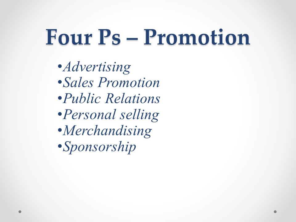 Four Ps – Promotion Advertising Sales Promotion Public Relations