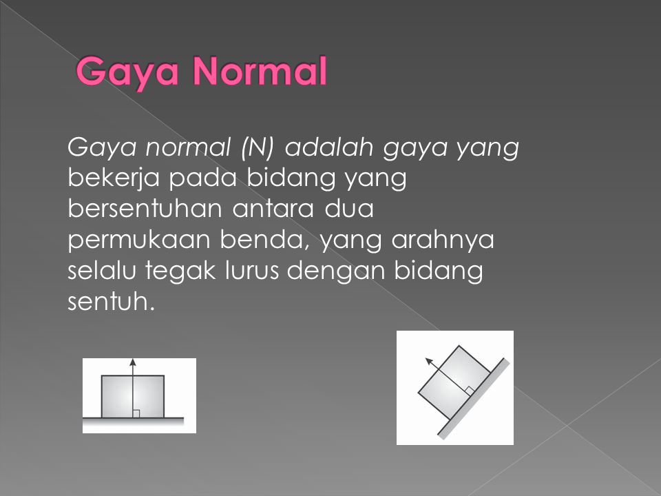 Gaya Normal Gaya normal (N) adalah gaya yang bekerja pada bidang yang bersentuhan antara dua.
