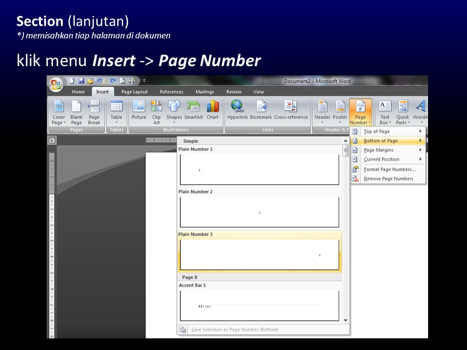 klik menu Insert -> Page Number