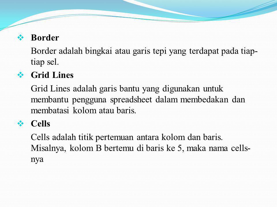 Border Border adalah bingkai atau garis tepi yang terdapat pada tiap-tiap sel. Grid Lines.