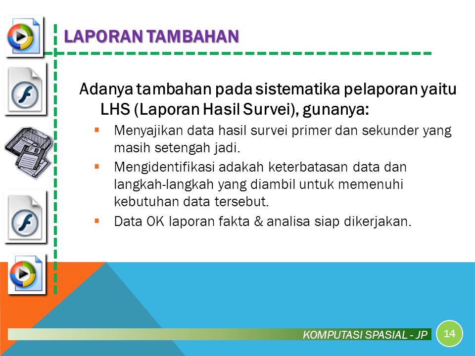 LAPORAN TAMBAHAN Adanya tambahan pada sistematika pelaporan yaitu LHS (Laporan Hasil Survei), gunanya: