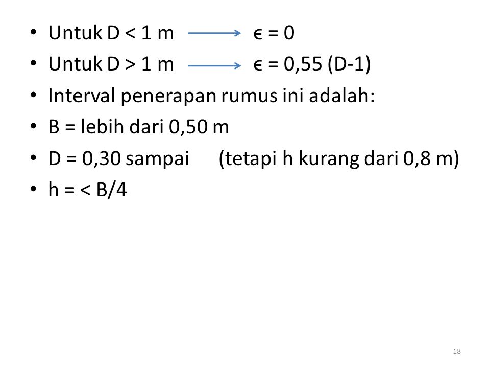 Untuk D < 1 m ϵ = 0 Untuk D > 1 m ϵ = 0,55 (D-1) Interval penerapan rumus ini adalah: