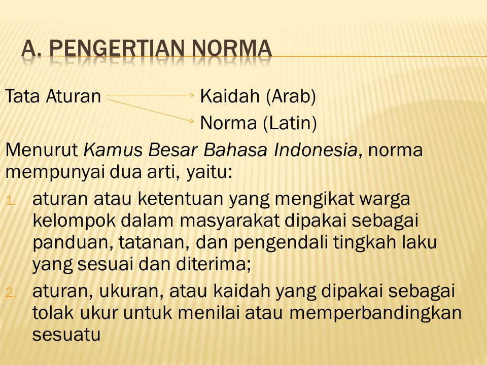 a. Pengertian norma Tata Aturan Kaidah (Arab) Norma (Latin)