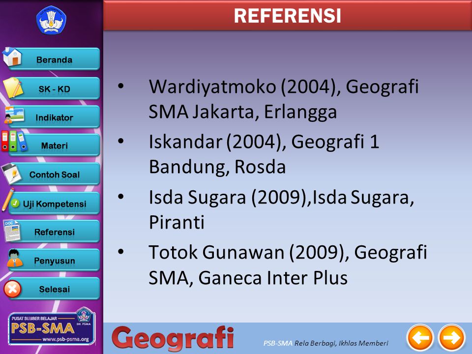 REFERENSI Wardiyatmoko (2004), Geografi SMA Jakarta, Erlangga. Iskandar (2004), Geografi 1 Bandung, Rosda.