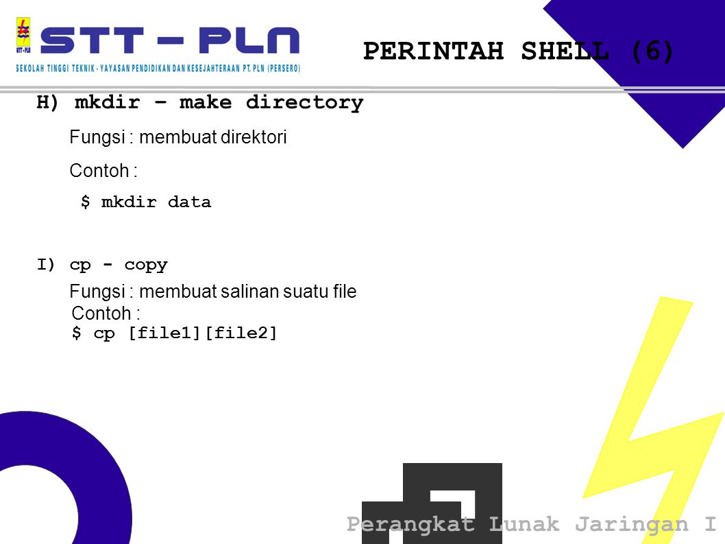 PERINTAH SHELL (6)‏ H) mkdir – make directory