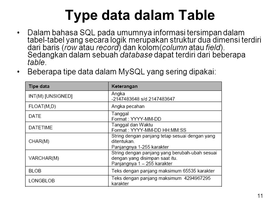 Type data dalam Table