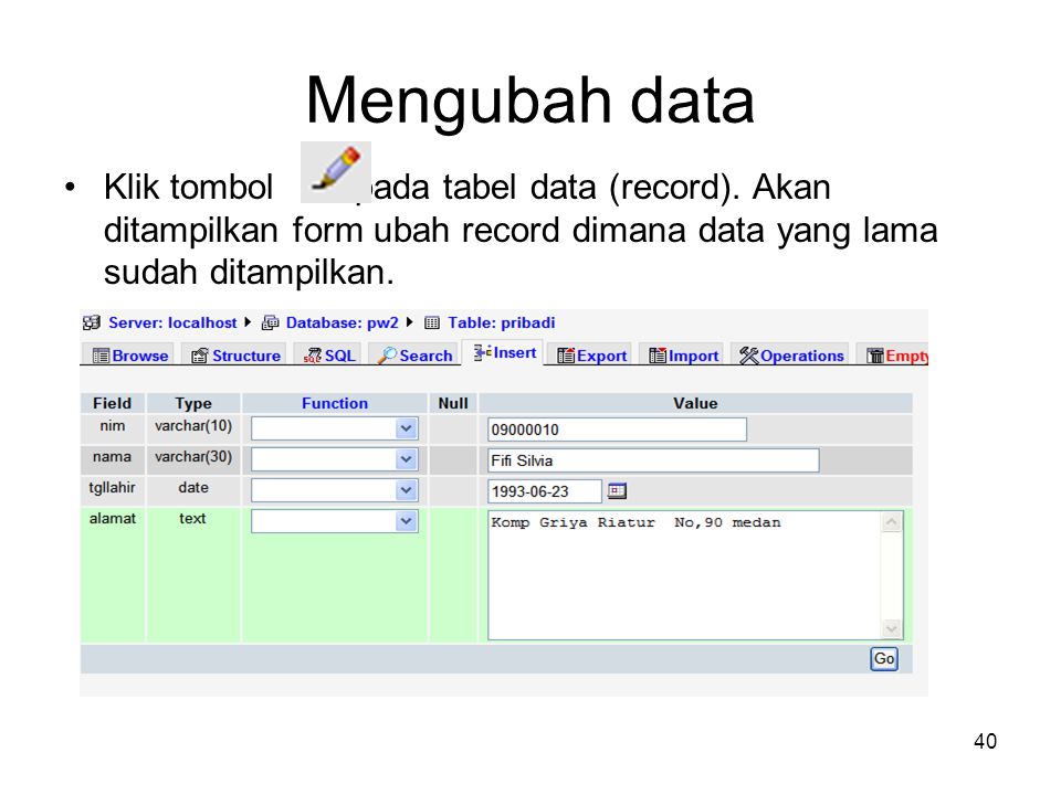 Mengubah data Klik tombol pada tabel data (record).