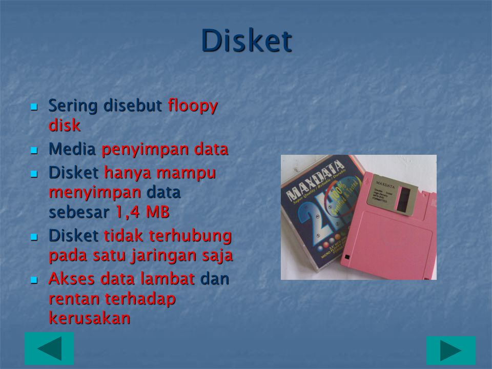 Disket Sering disebut floopy disk Media penyimpan data