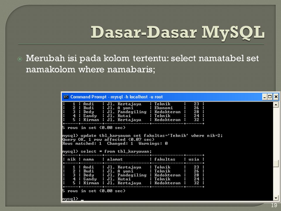 Dasar-Dasar MySQL Merubah isi pada kolom tertentu: select namatabel set namakolom where namabaris;