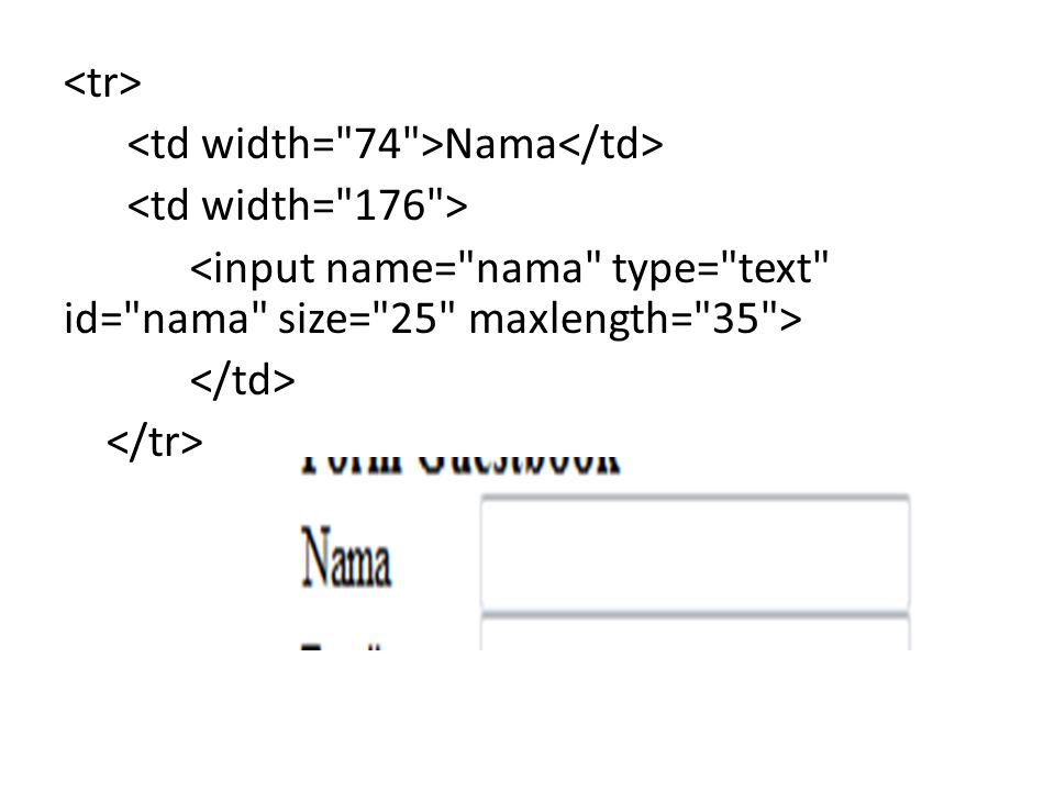<tr> <td width= 74 >Nama</td> <td width= 176 > <input name= nama type= text id= nama size= 25 maxlength= 35 > </td> </tr>