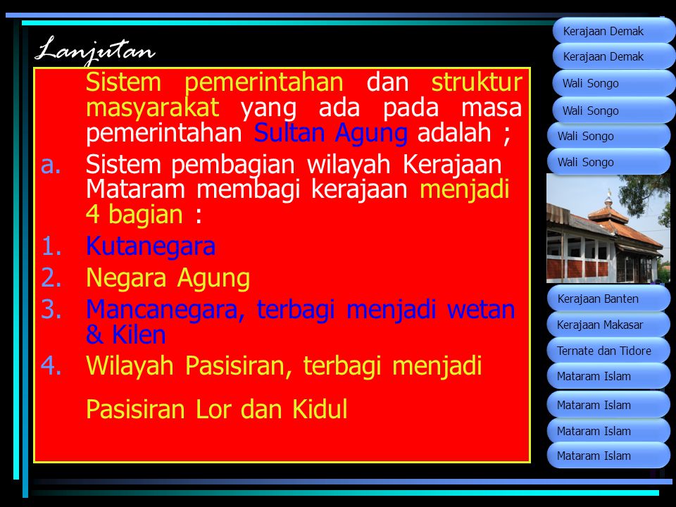 Wali Songo Kerajaan Makasar. Ternate dan Tidore. Kerajaan Banten. Mataram Islam. Kerajaan Demak.