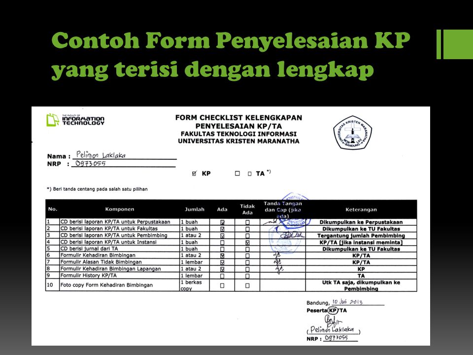 Contoh Form Penyelesaian KP yang terisi dengan lengkap