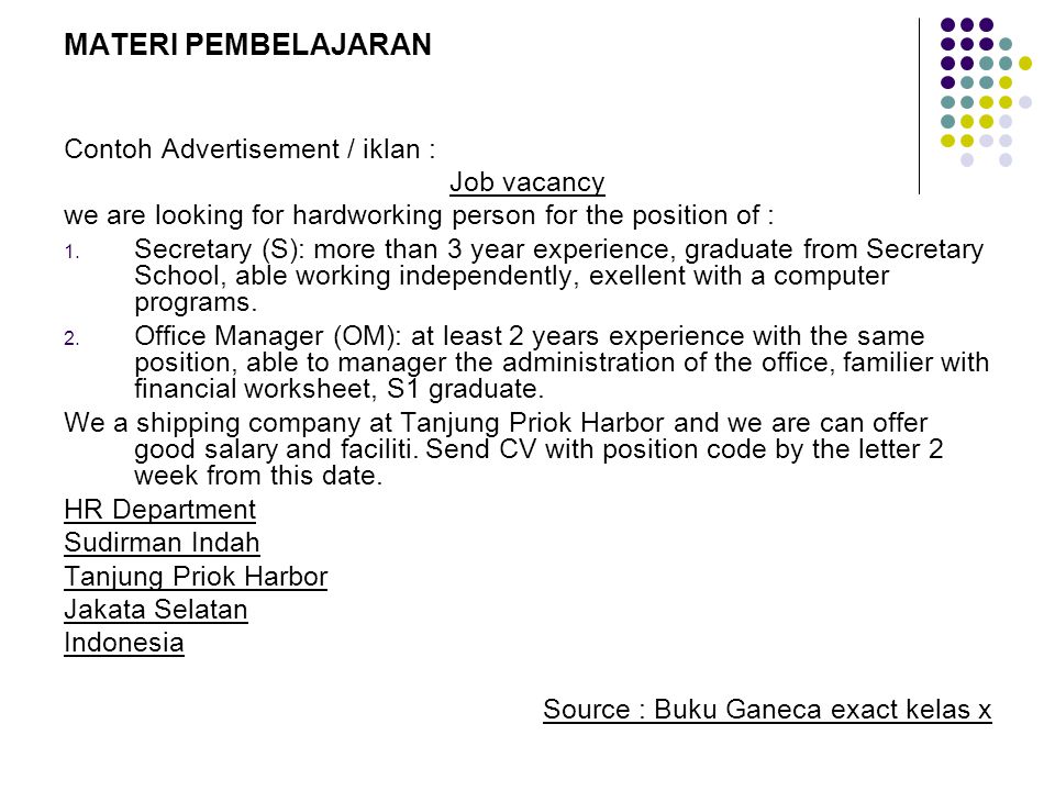 MATERI PEMBELAJARAN Contoh Advertisement / iklan : Job vacancy