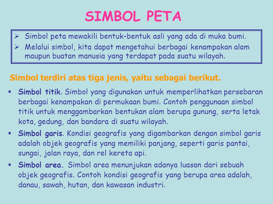 SIMBOL PETA Simbol terdiri atas tiga jenis, yaitu sebagai berikut.