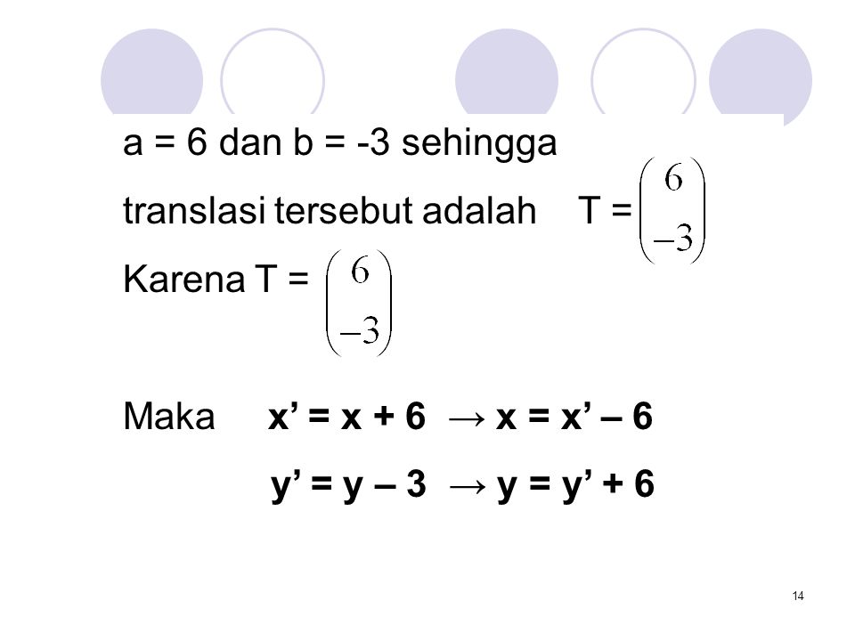 a = 6 dan b = -3 sehingga translasi tersebut adalah T = Karena T = Maka x’ = x + 6 → x = x’ – 6.
