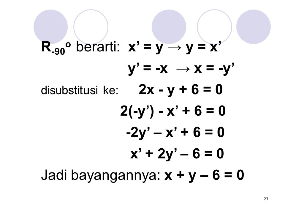 R-90o berarti: x’ = y → y = x’ y’ = -x → x = -y’