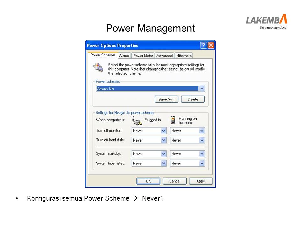 Power Management Konfigurasi semua Power Scheme  Never .