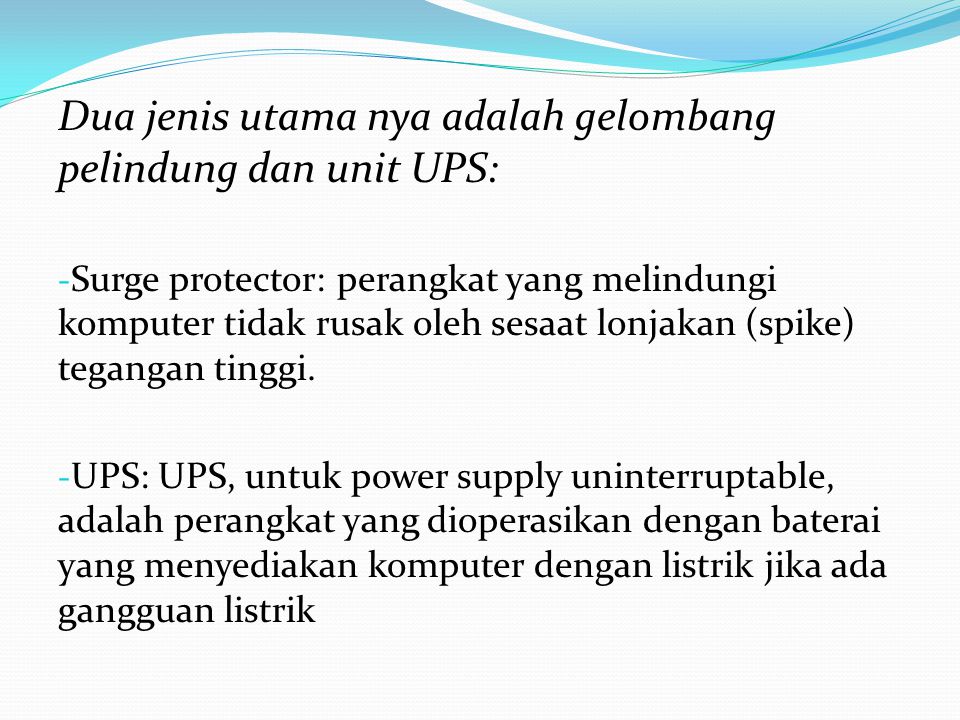 Dua jenis utama nya adalah gelombang pelindung dan unit UPS: