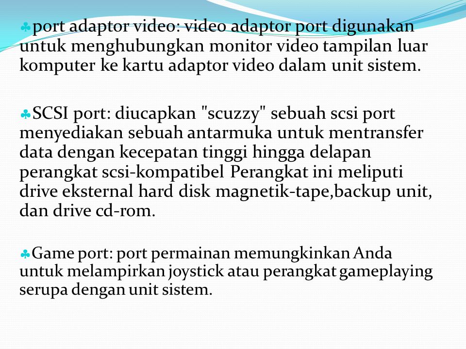 port adaptor video: video adaptor port digunakan untuk menghubungkan monitor video tampilan luar komputer ke kartu adaptor video dalam unit sistem.