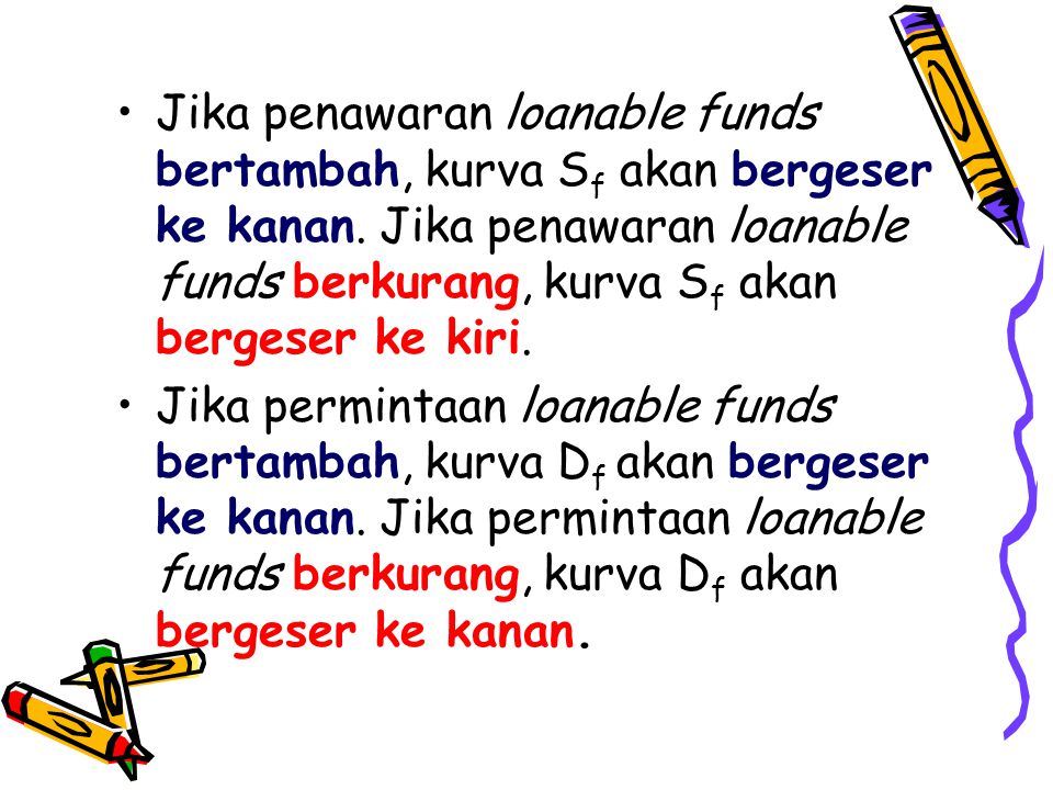Jika penawaran loanable funds bertambah, kurva Sf akan bergeser ke kanan. Jika penawaran loanable funds berkurang, kurva Sf akan bergeser ke kiri.