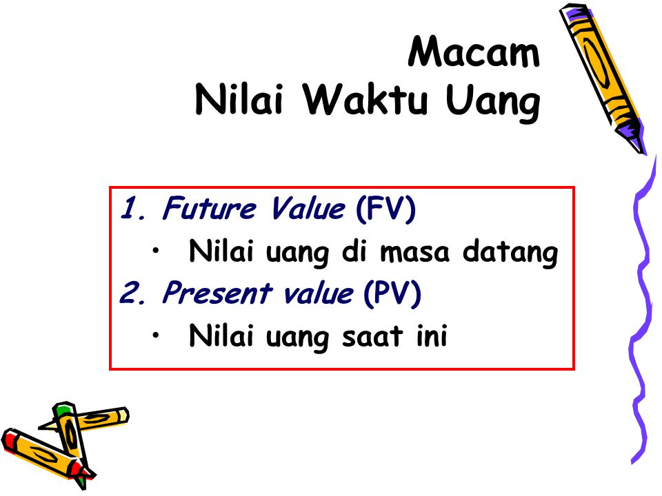 Macam Nilai Waktu Uang Future Value (FV) Nilai uang di masa datang