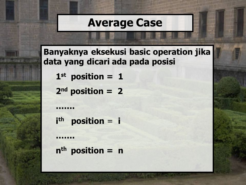 Average Case Banyaknya eksekusi basic operation jika data yang dicari ada pada posisi. 1st position = 1.