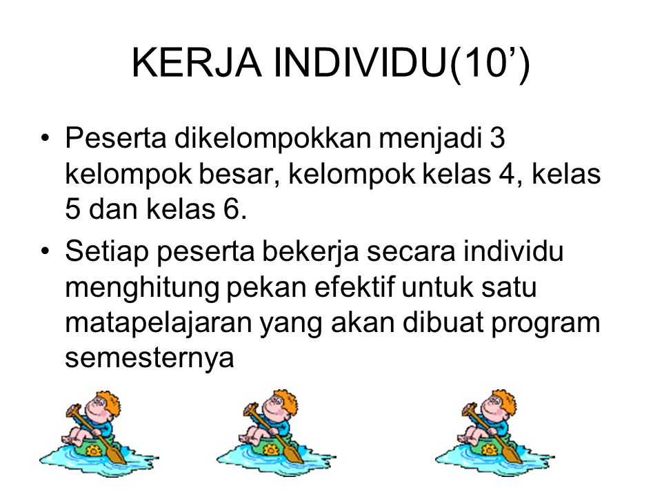 KERJA INDIVIDU(10’) Peserta dikelompokkan menjadi 3 kelompok besar, kelompok kelas 4, kelas 5 dan kelas 6.