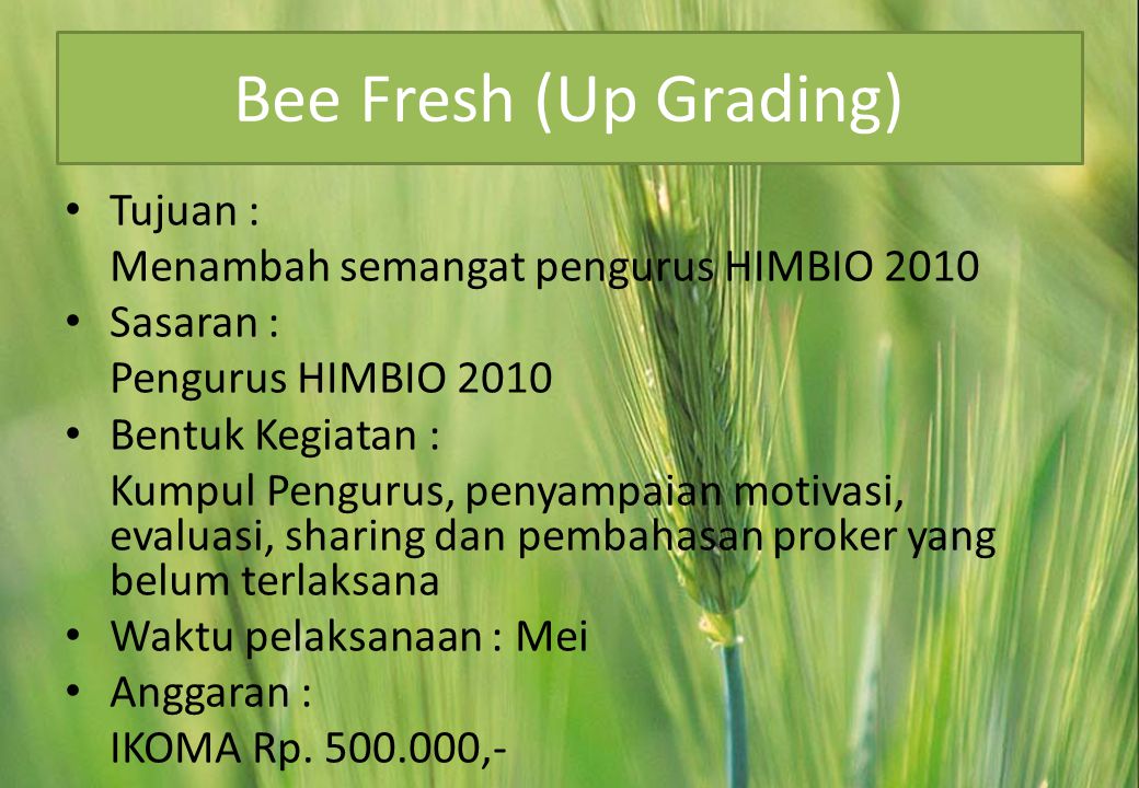 Bee Fresh (Up Grading) Tujuan : Menambah semangat pengurus HIMBIO 2010