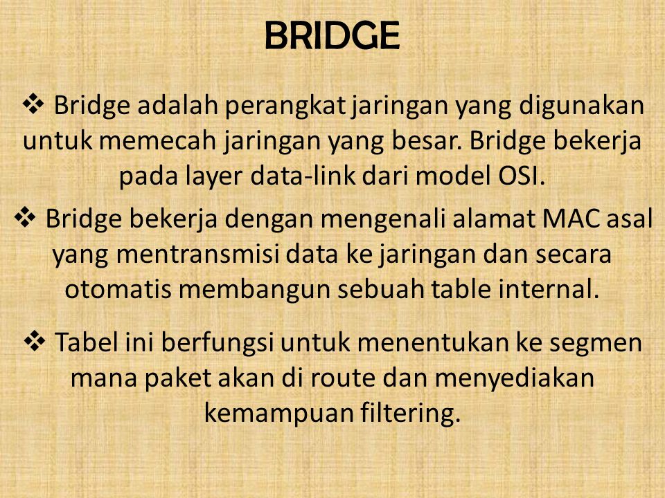 BRIDGE Bridge adalah perangkat jaringan yang digunakan untuk memecah jaringan yang besar. Bridge bekerja pada layer data-link dari model OSI.