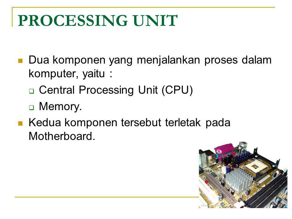 PROCESSING UNIT Dua komponen yang menjalankan proses dalam komputer, yaitu : Central Processing Unit (CPU)