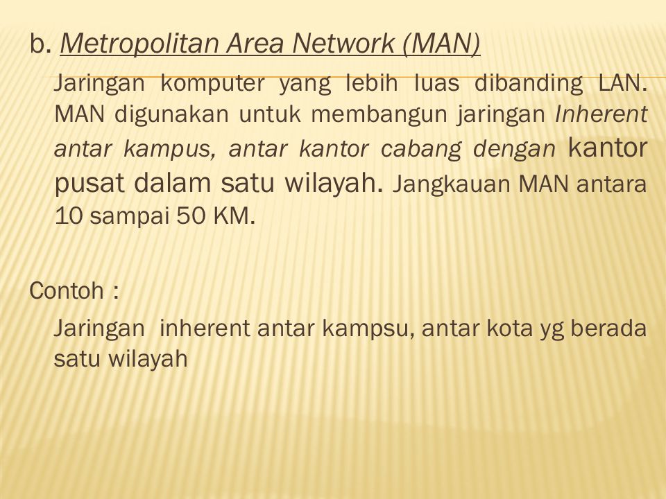 b. Metropolitan Area Network (MAN)