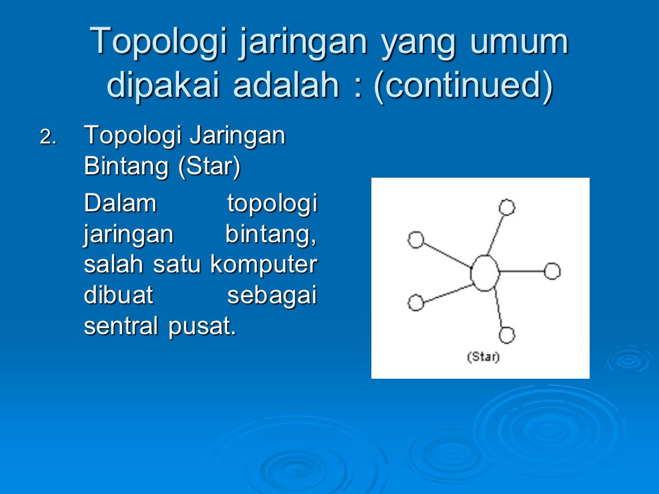 Topologi jaringan yang umum dipakai adalah : (continued)