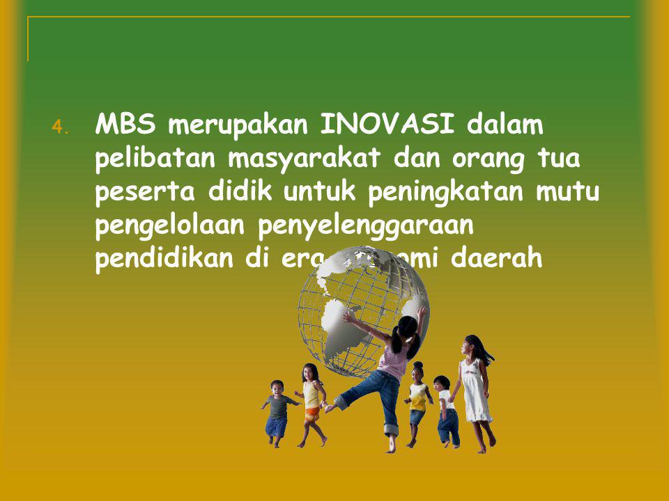 MBS merupakan INOVASI dalam pelibatan masyarakat dan orang tua peserta didik untuk peningkatan mutu pengelolaan penyelenggaraan pendidikan di era otonomi daerah