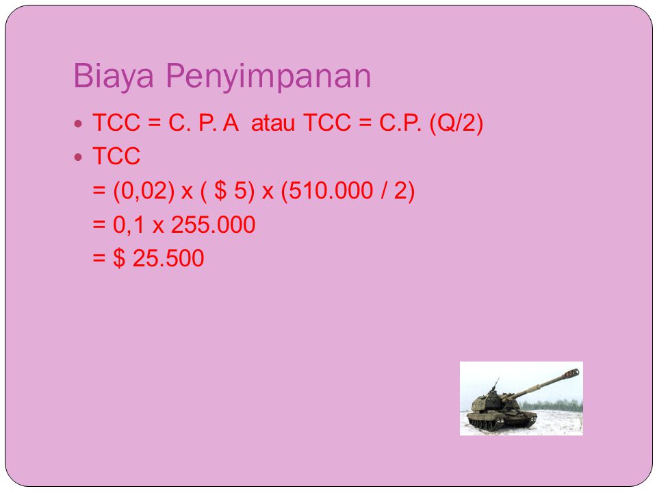Biaya Penyimpanan TCC = C. P. A atau TCC = C.P. (Q/2) TCC