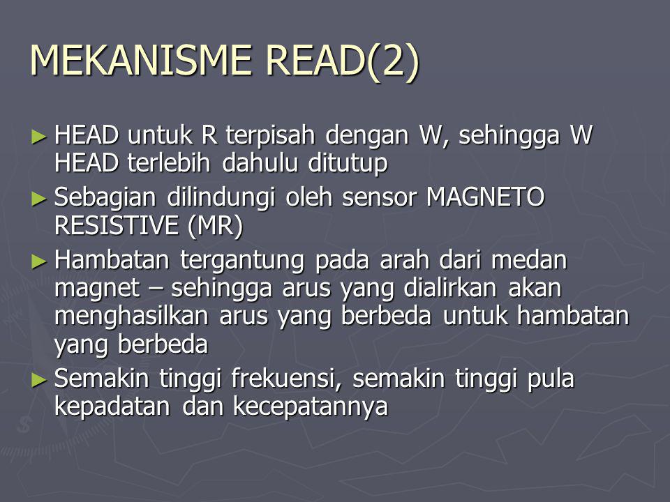 MEKANISME READ(2) HEAD untuk R terpisah dengan W, sehingga W HEAD terlebih dahulu ditutup. Sebagian dilindungi oleh sensor MAGNETO RESISTIVE (MR)